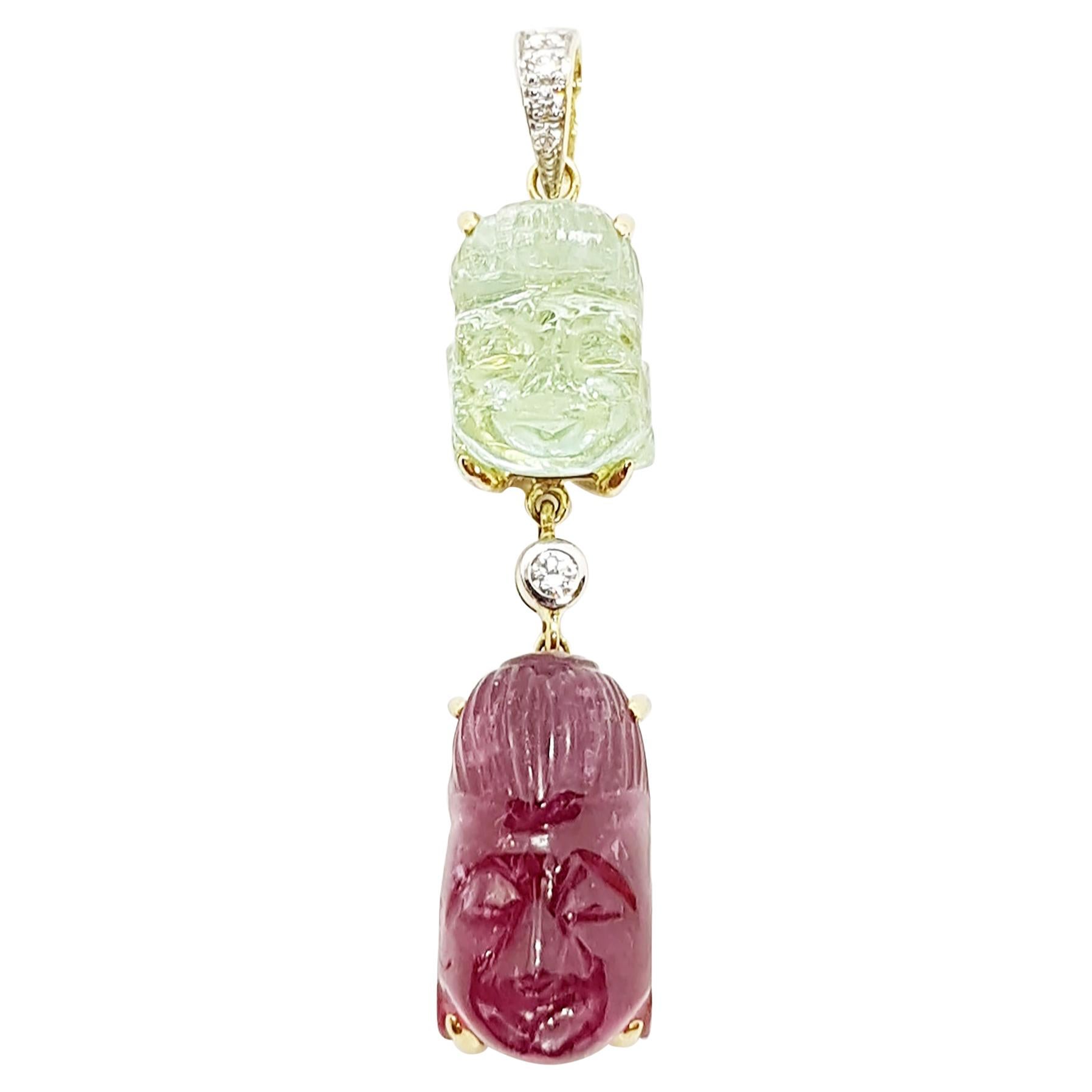 Pendentif Bouddha en or 18 carats serti d'une tourmaline sculptée et de diamants