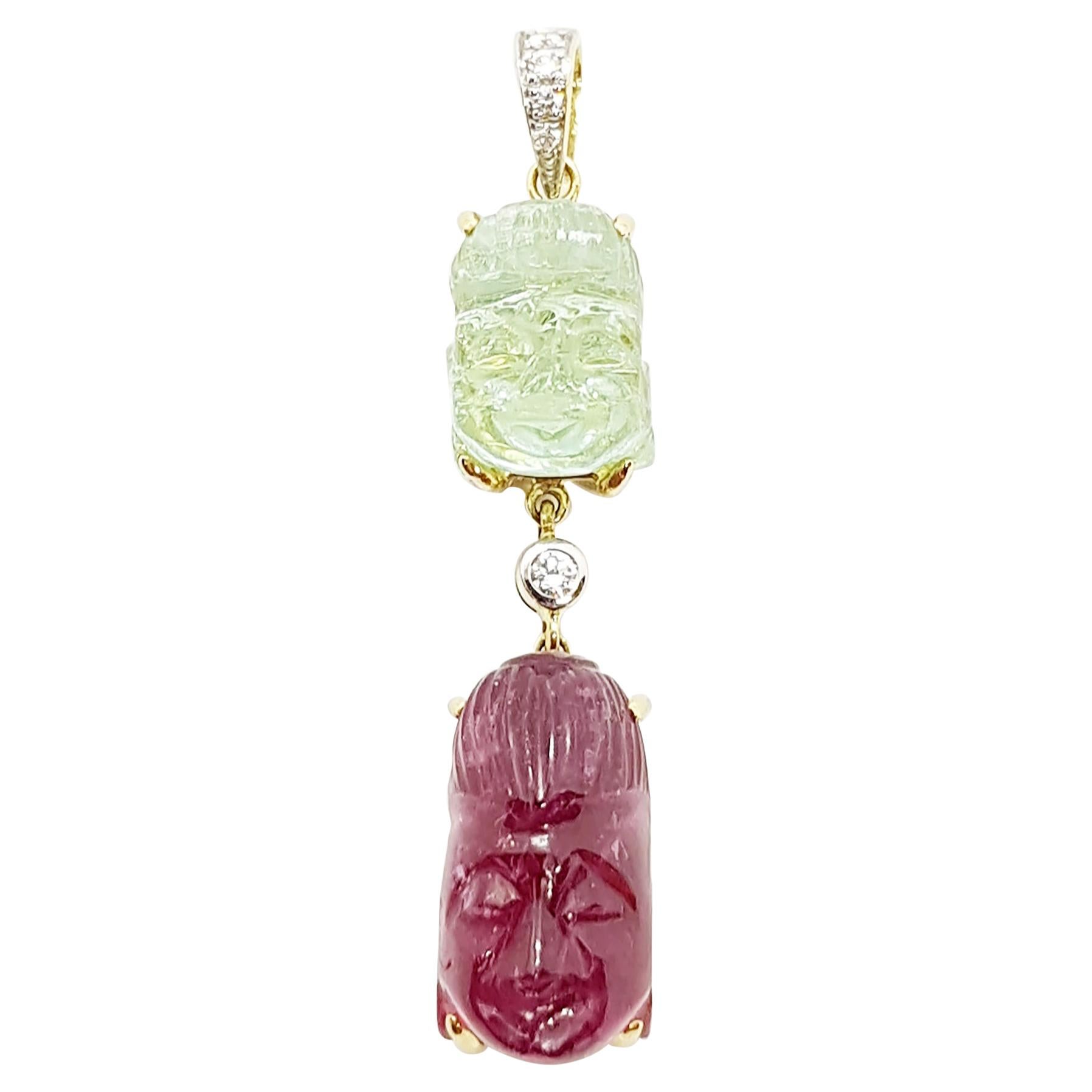 Carved Tourmaline with Diamond Buddha Pendant Set in 18 Karat Gold Settings For Sale