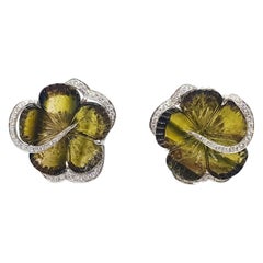 Carved Tourmaline with Diamond Flower Earrings in 18K White Gold