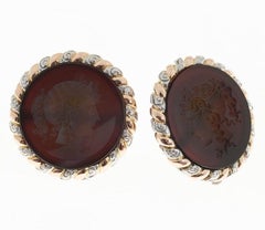 Carved Translucent Carnelian Intaglio Rose Gold Platinum Earrings