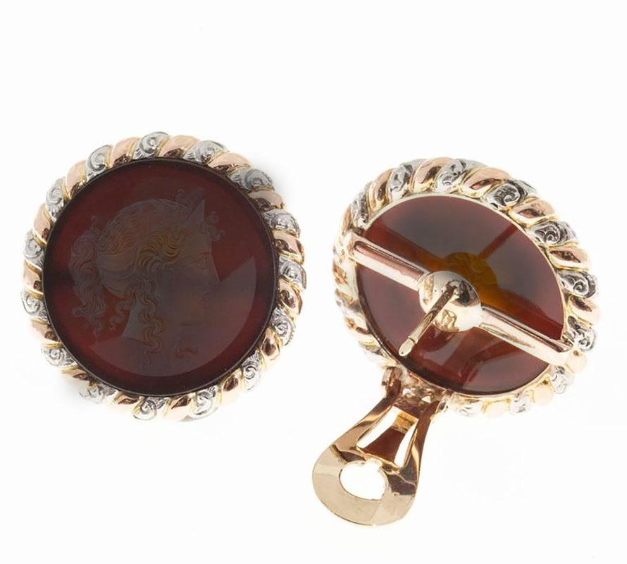 Carved Translucent Carnelian Intaglio Rose Gold Platinum Earrings In Good Condition For Sale In Stamford, CT