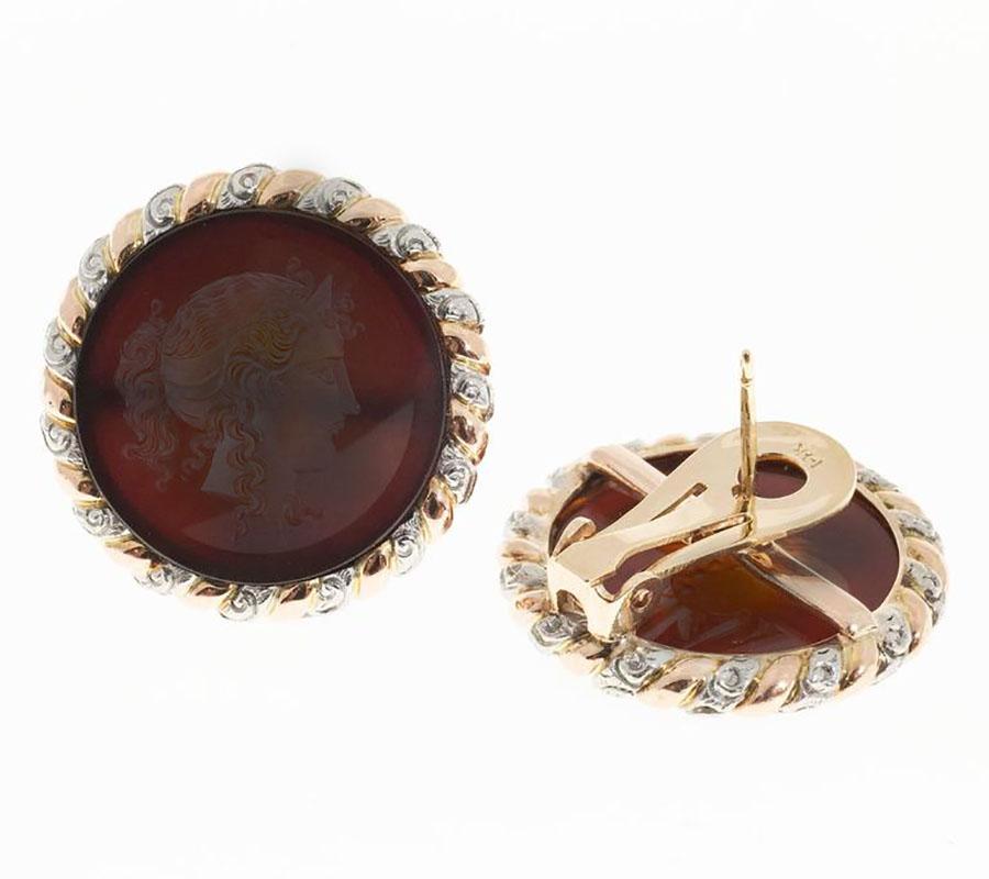 Women's Carved Translucent Carnelian Intaglio Rose Gold Platinum Earrings For Sale