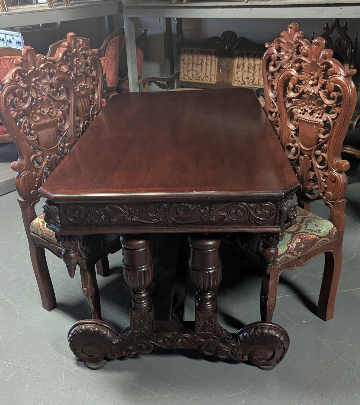 Baroque Carved Tressel Table and 4 Chairs For Sale