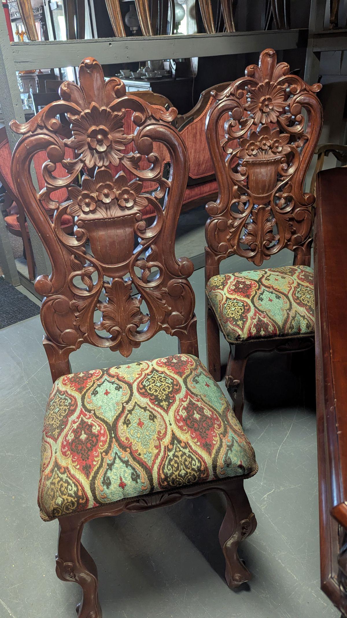 Textile Carved Tressel Table and 4 Chairs For Sale