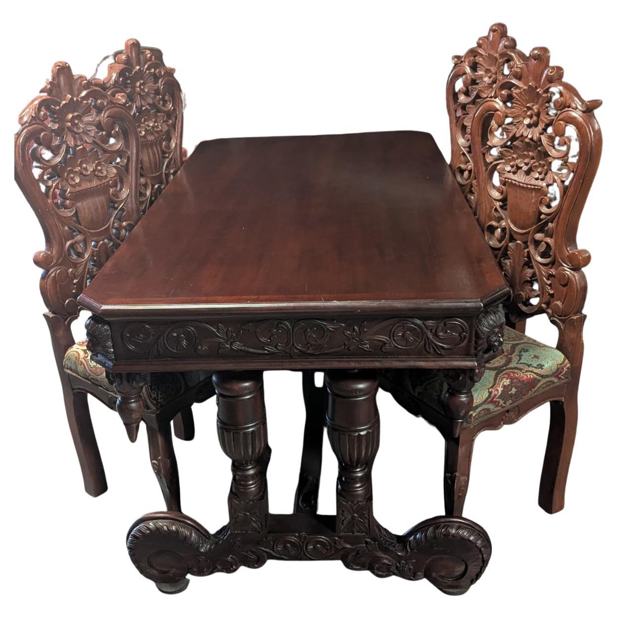 Carved Tressel Table and 4 Chairs For Sale