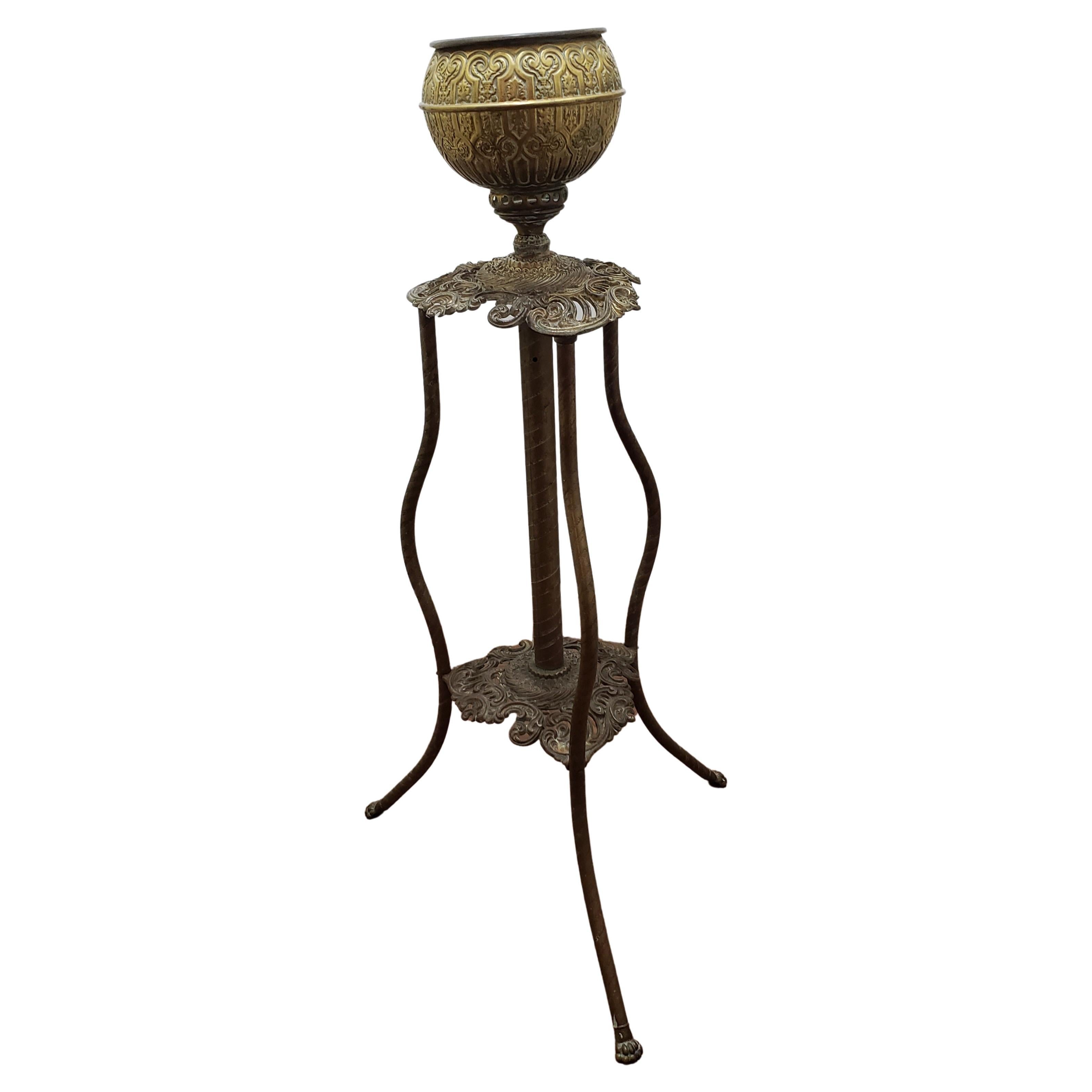 Carved Tripod Brass Jardiniere Planter  In Good Condition For Sale In Germantown, MD