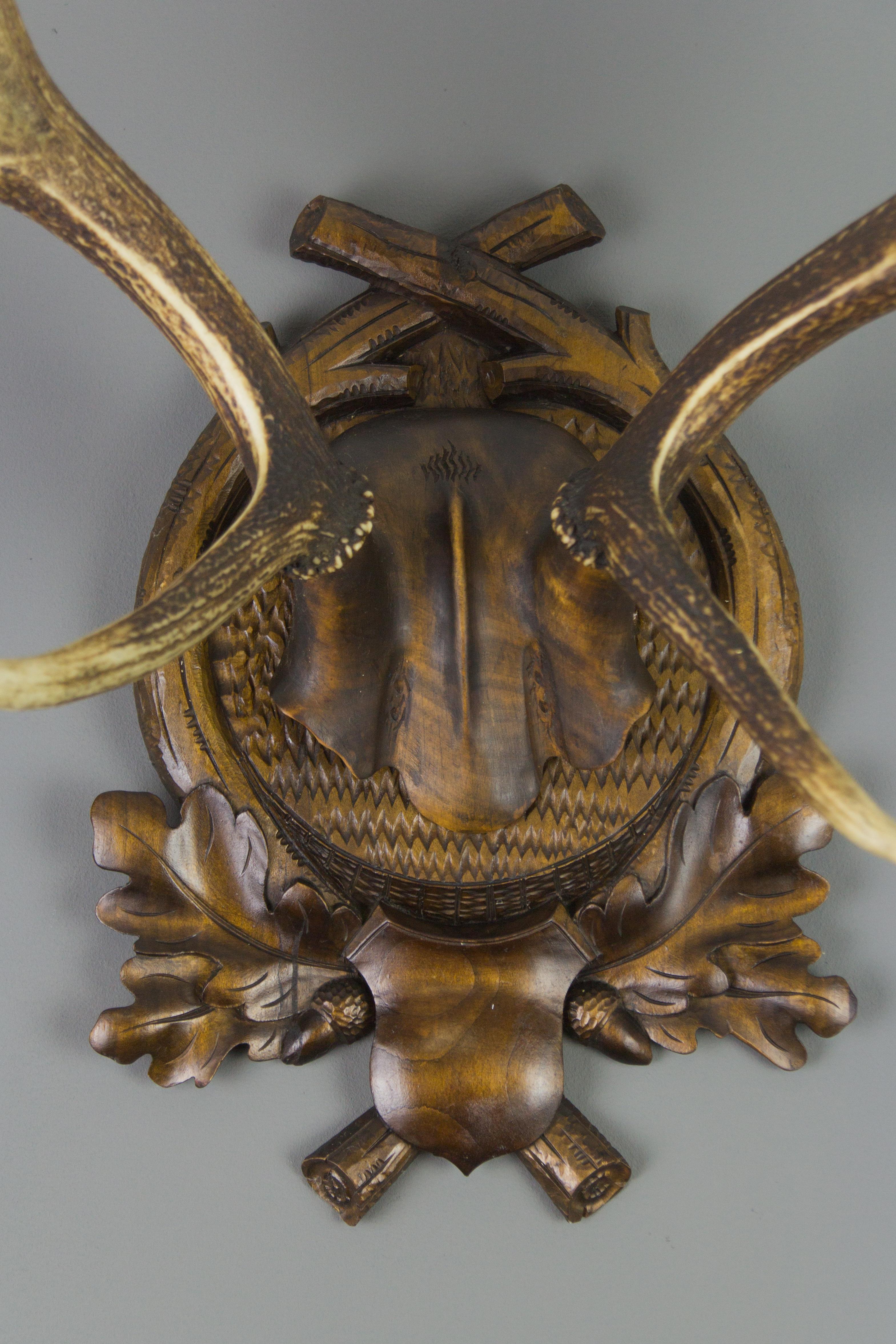 Black Forest Carved Trophy Board with Eight Point Antlers, Germany, Late 19th Century