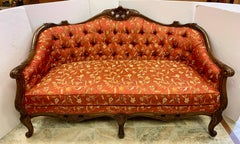 Carved Tufted Louis XIV Mahogany and Walnut Loveseat Settee