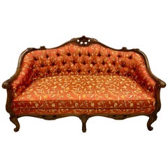 Carved Tufted Louis XIV Mahogany and Walnut Loveseat Settee