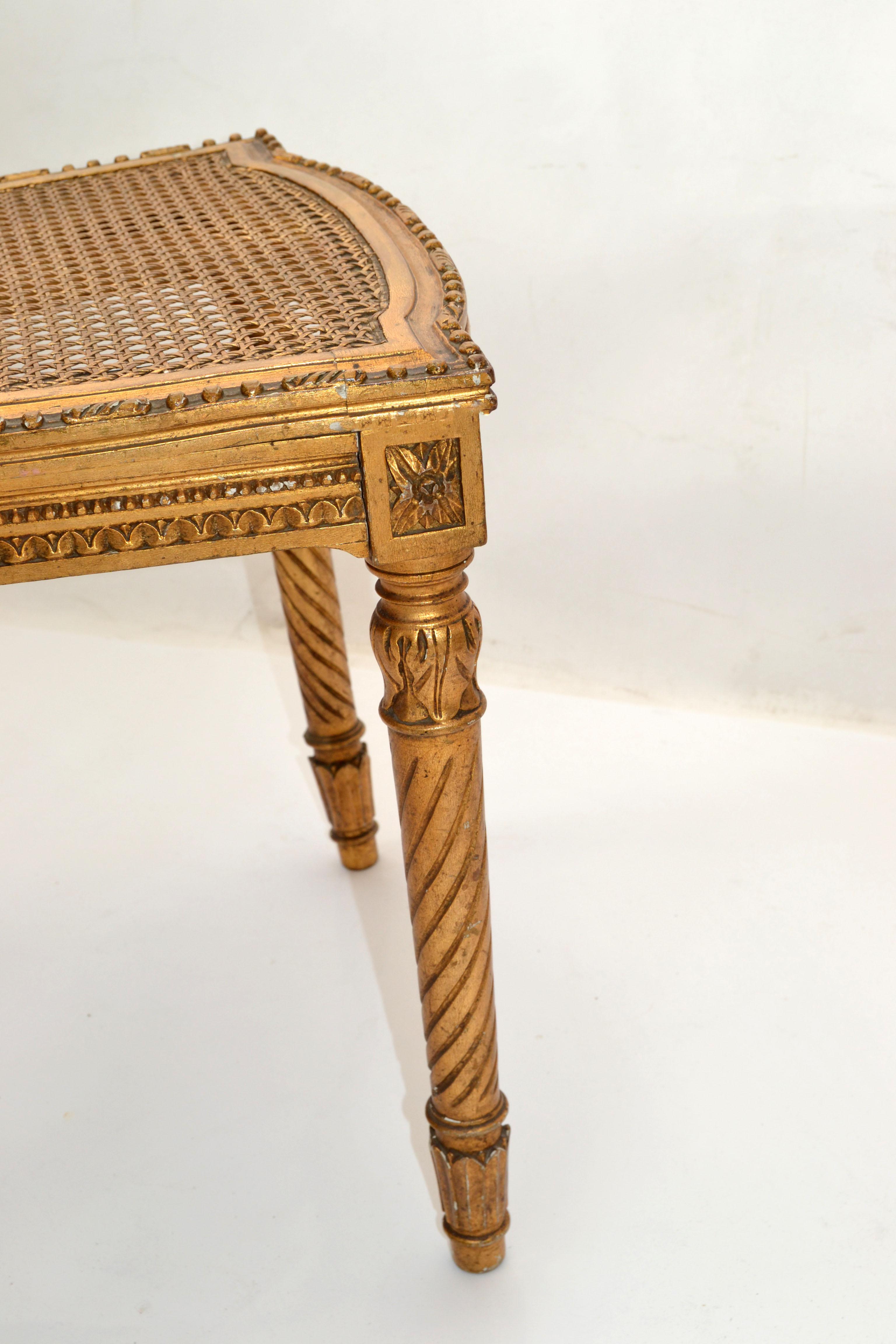 Carved & Turned Gilt Wood Vanity Chair Hollywood Regency Woven Cane Seat Italy For Sale 2