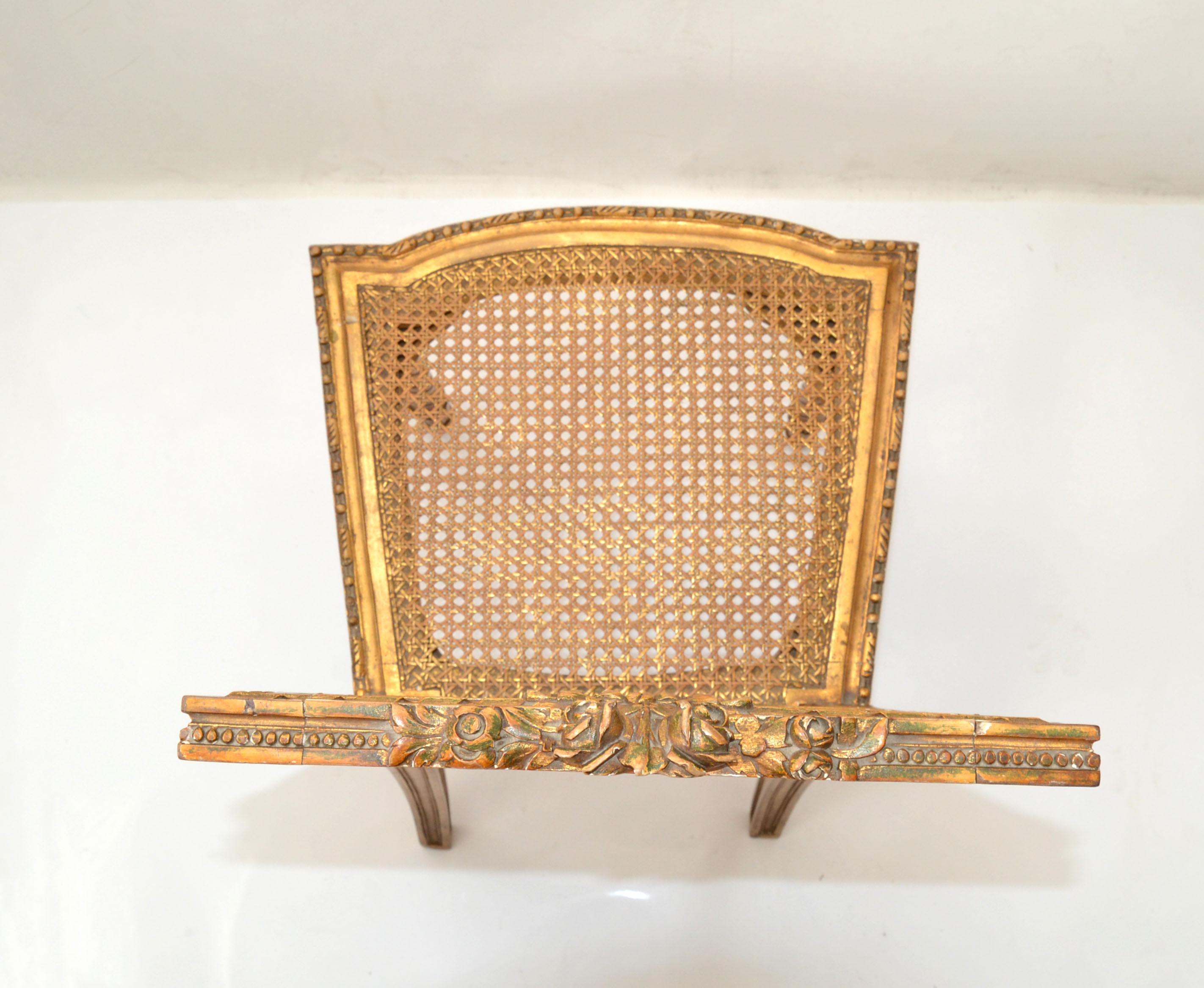 Carved & Turned Gilt Wood Vanity Chair Hollywood Regency Woven Cane Seat Italy For Sale 3