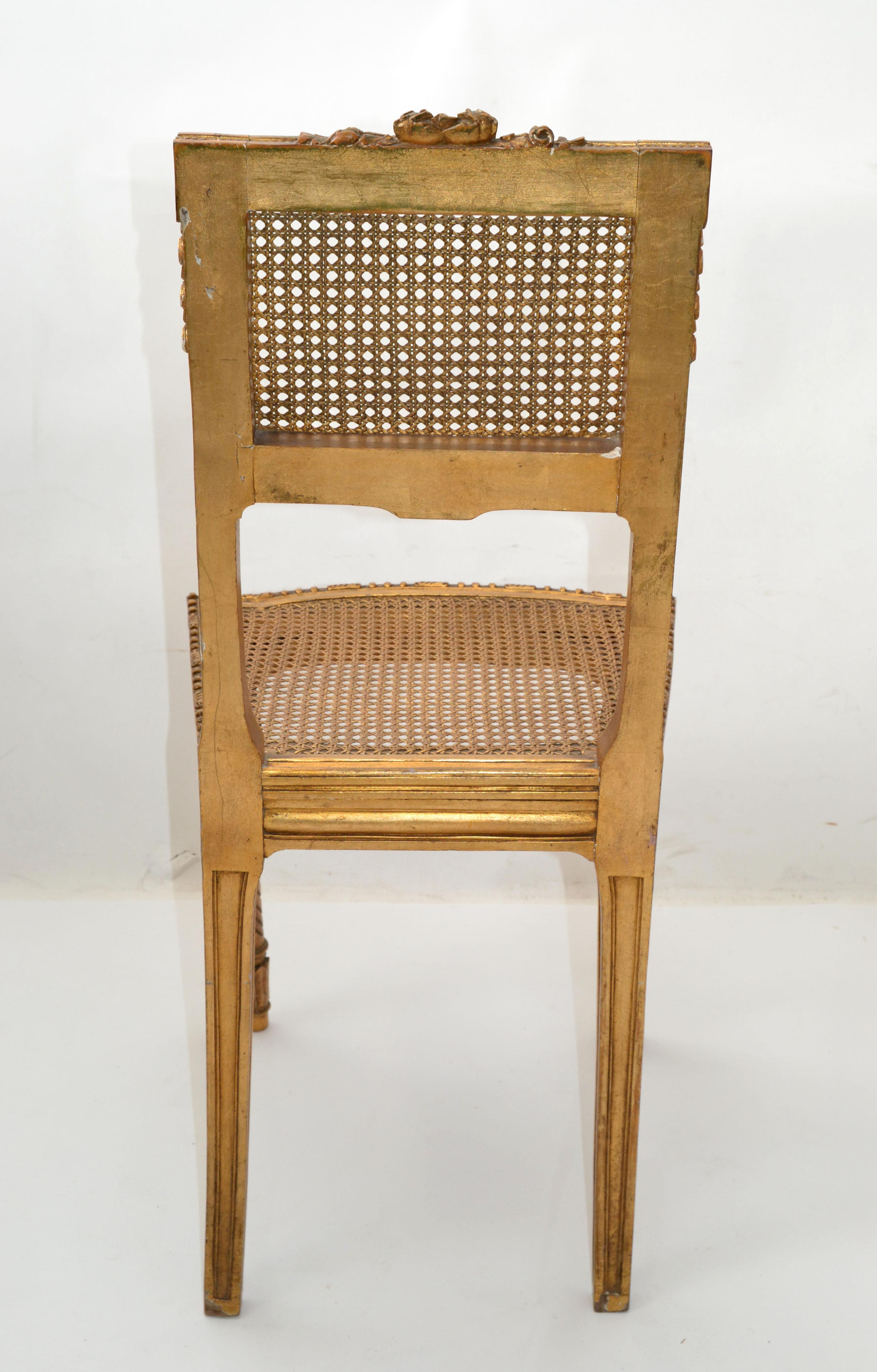Carved & Turned Gilt Wood Vanity Chair Hollywood Regency Woven Cane Seat Italy For Sale 4