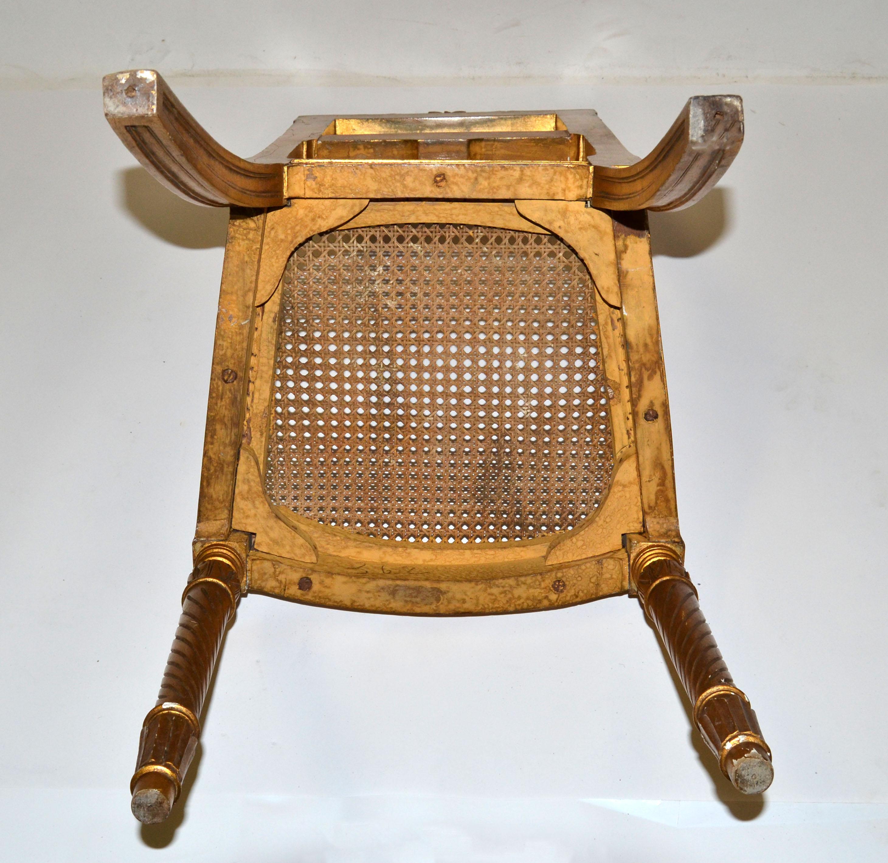 Carved & Turned Gilt Wood Vanity Chair Hollywood Regency Woven Cane Seat Italy For Sale 5