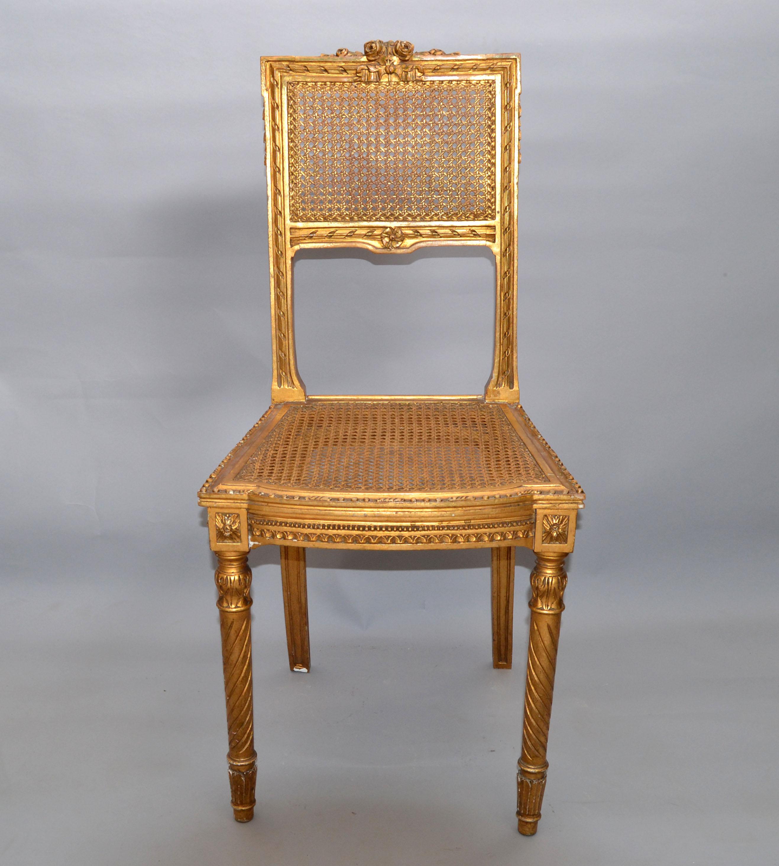 Carved & Turned Gilt Wood Vanity Chair Hollywood Regency Woven Cane Seat Italy For Sale 6