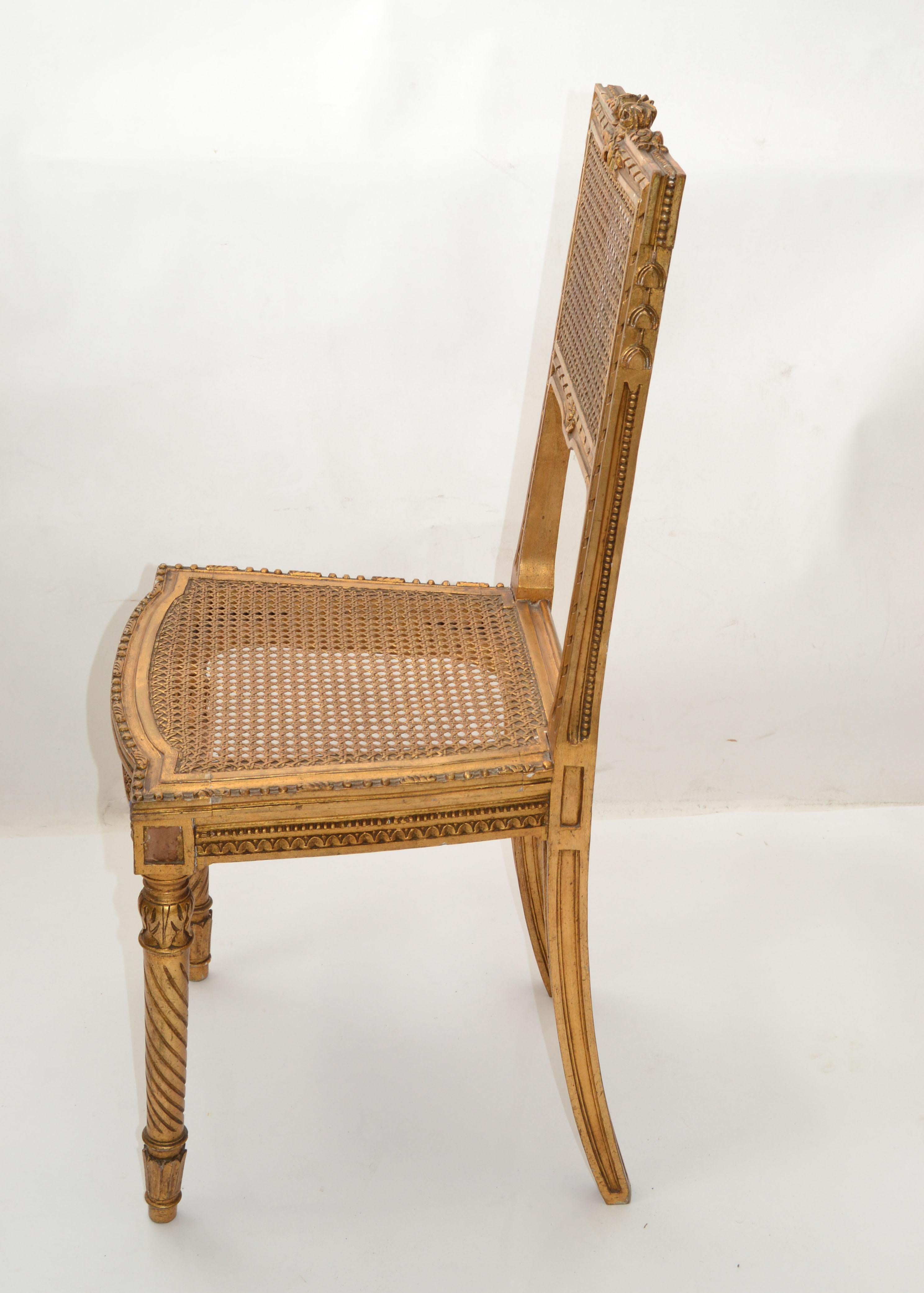 Italian Carved & Turned Gilt Wood Vanity Chair Hollywood Regency Woven Cane Seat Italy For Sale