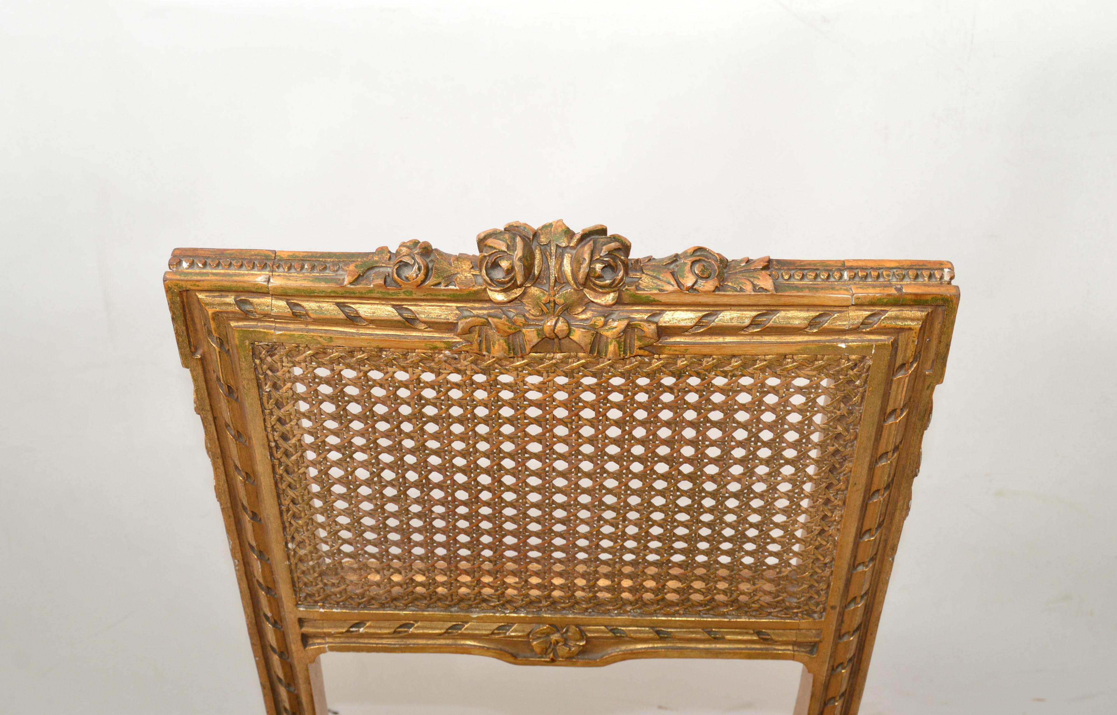 Carved & Turned Gilt Wood Vanity Chair Hollywood Regency Woven Cane Seat Italy In Good Condition For Sale In Miami, FL