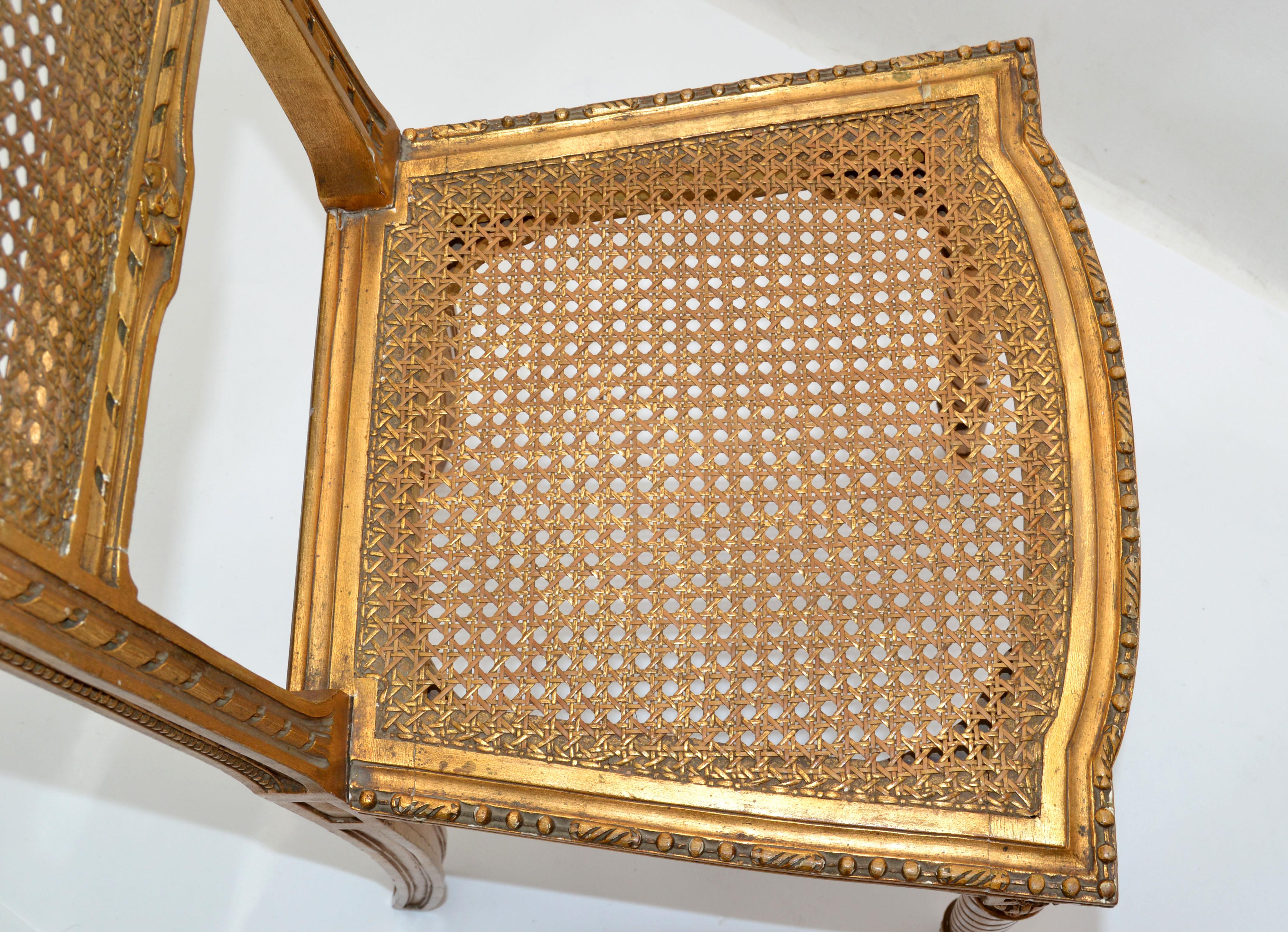 Mid-20th Century Carved & Turned Gilt Wood Vanity Chair Hollywood Regency Woven Cane Seat Italy For Sale