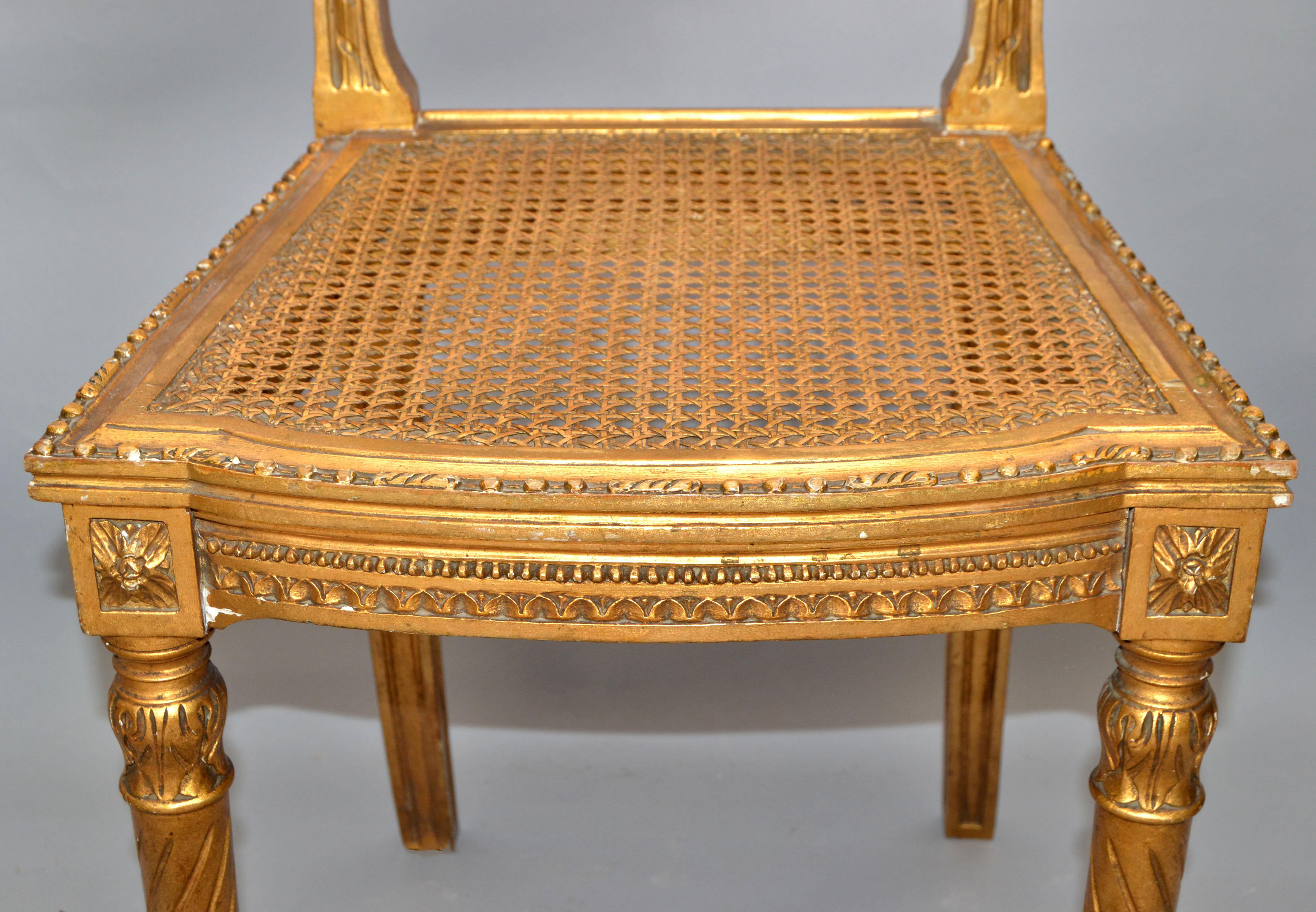 Carved & Turned Gilt Wood Vanity Chair Hollywood Regency Woven Cane Seat Italy For Sale 1