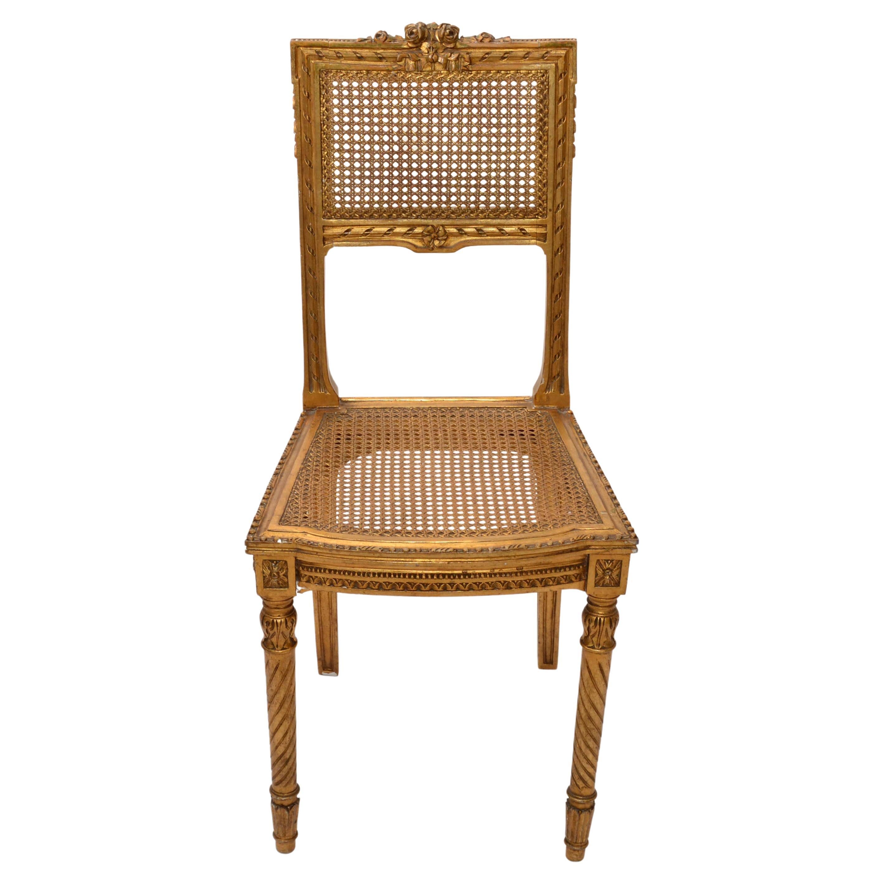 Carved & Turned Gilt Wood Vanity Chair Hollywood Regency Woven Cane Seat Italy