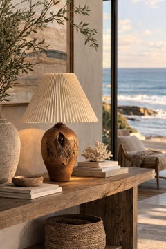 Carved Turned Wood Log Artisan Rustic Lamp + Pleated Shade