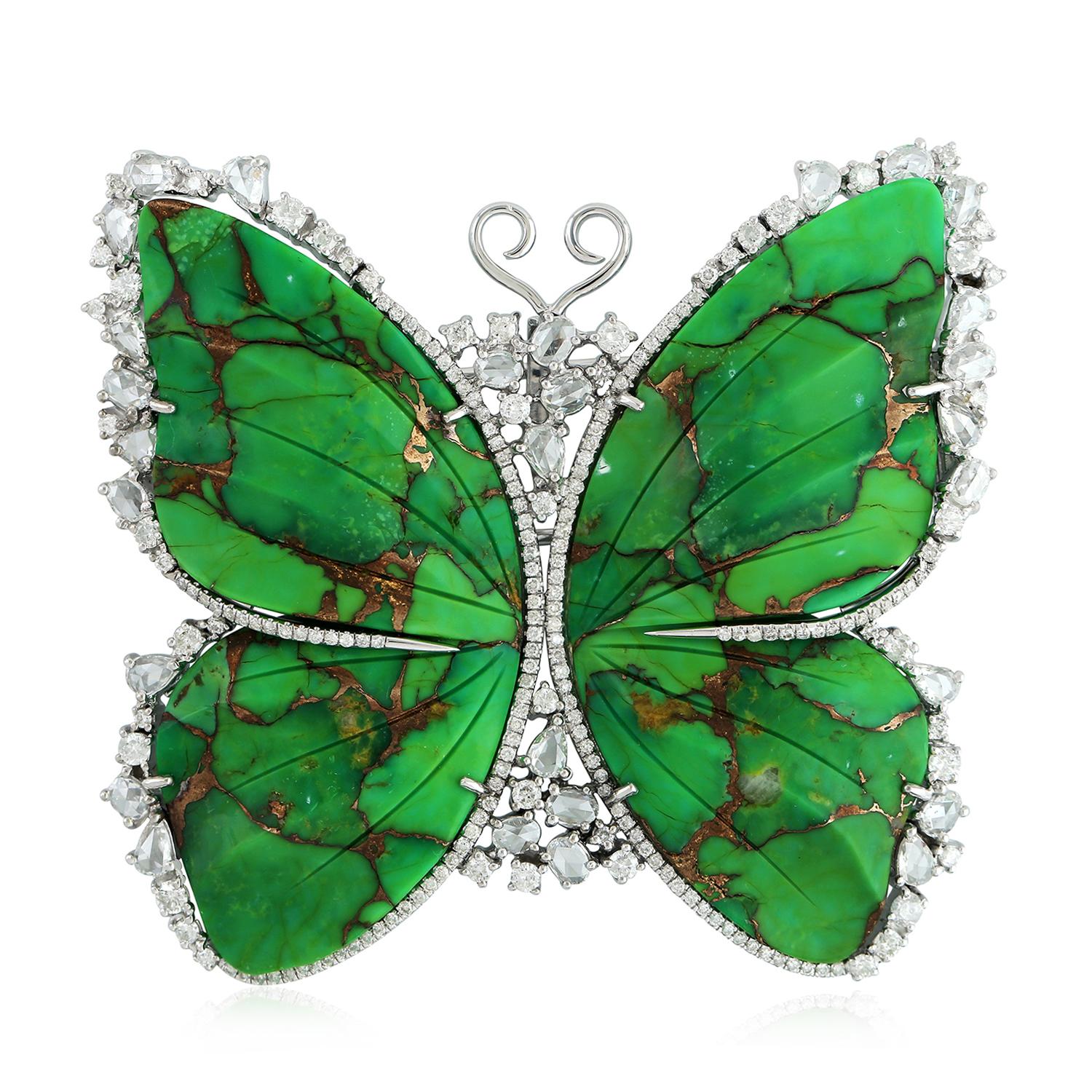 Mixed Cut Meghna Jewels Carved Turquoise 14 Karat Gold Butterfly Diamond Brooch For Sale