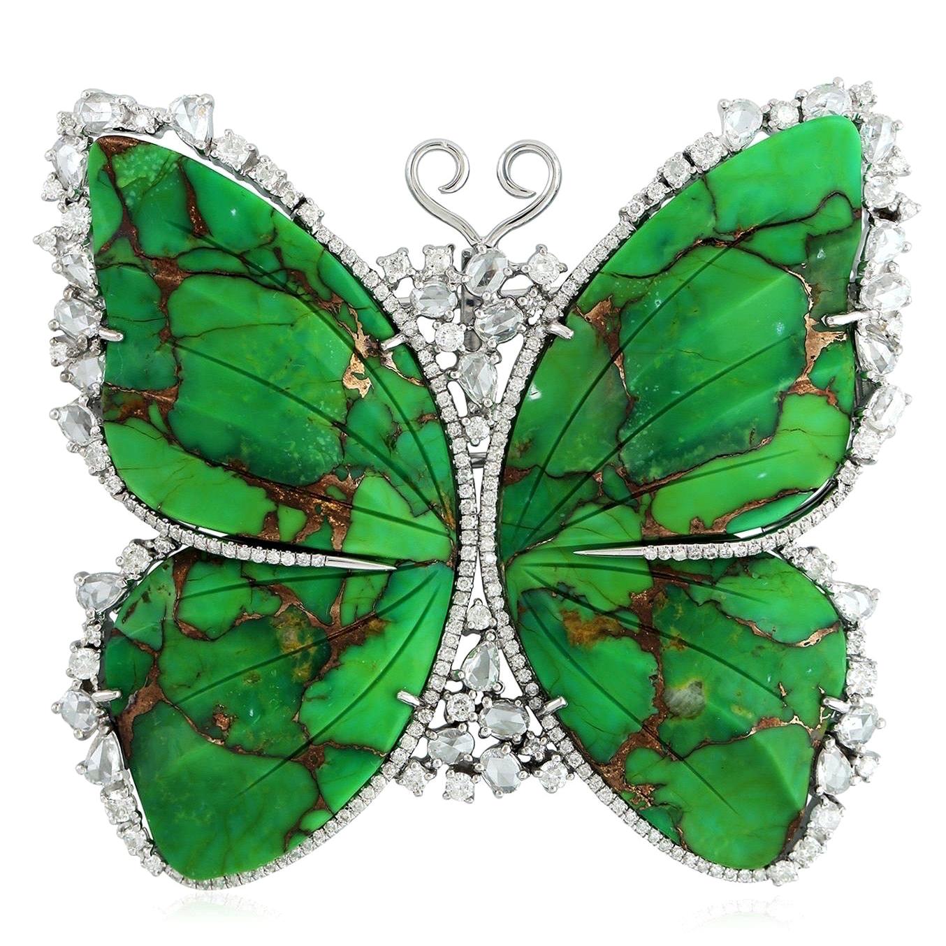 Meghna Jewels Carved Turquoise 14 Karat Gold Butterfly Diamond Brooch