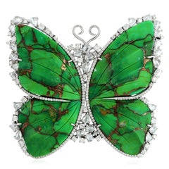 Carved Turquoise 18 Karat Gold Butterfly Diamond Brooch