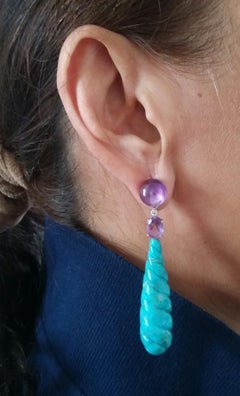 Carved Turquoise Amethyst Diamond White Gold Drop Earrings
