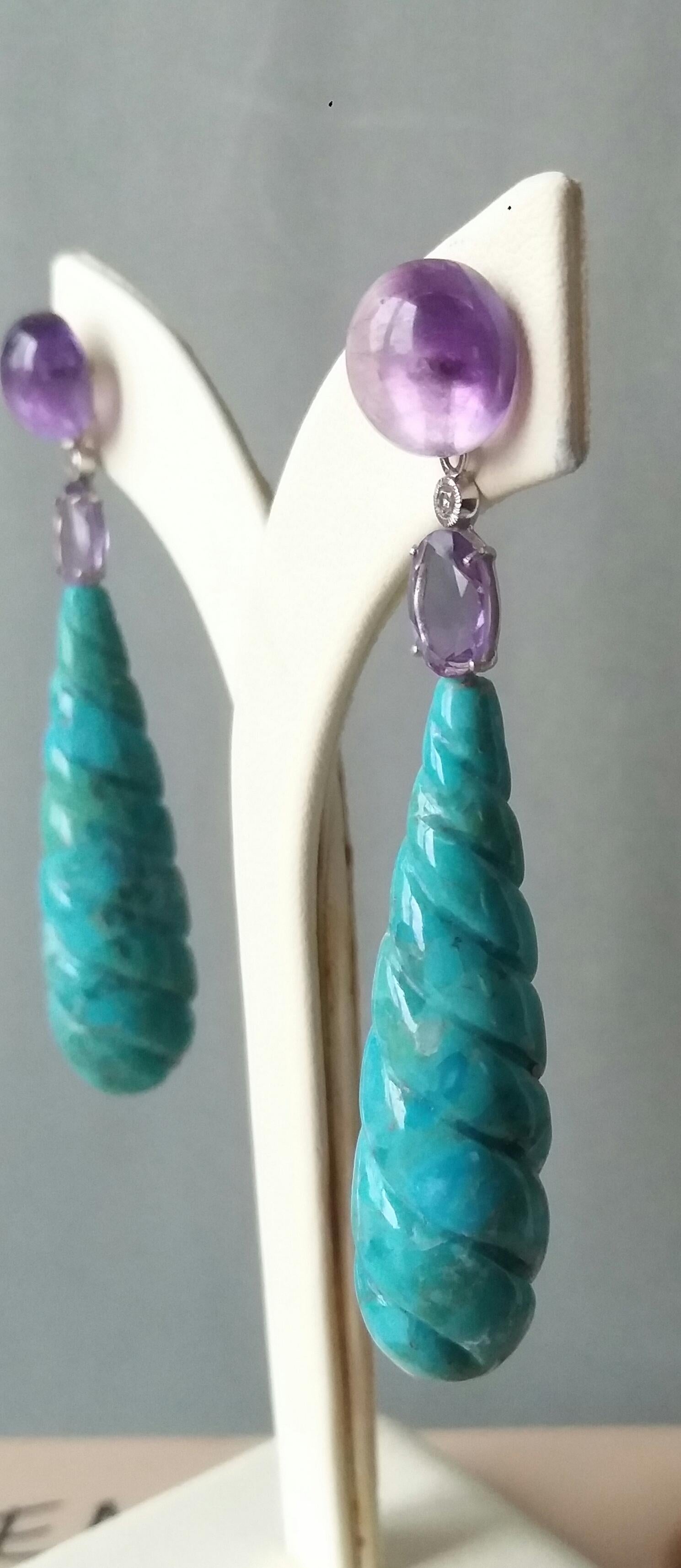 Art Deco Carved Turquoise Amethyst Diamond White Gold Drop Earrings