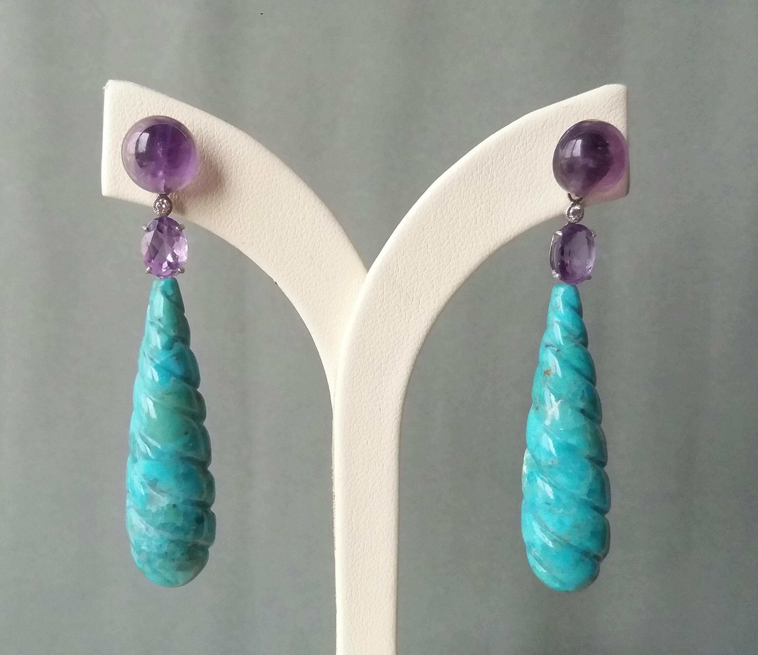 Mixed Cut Carved Turquoise Amethyst Diamond White Gold Drop Earrings