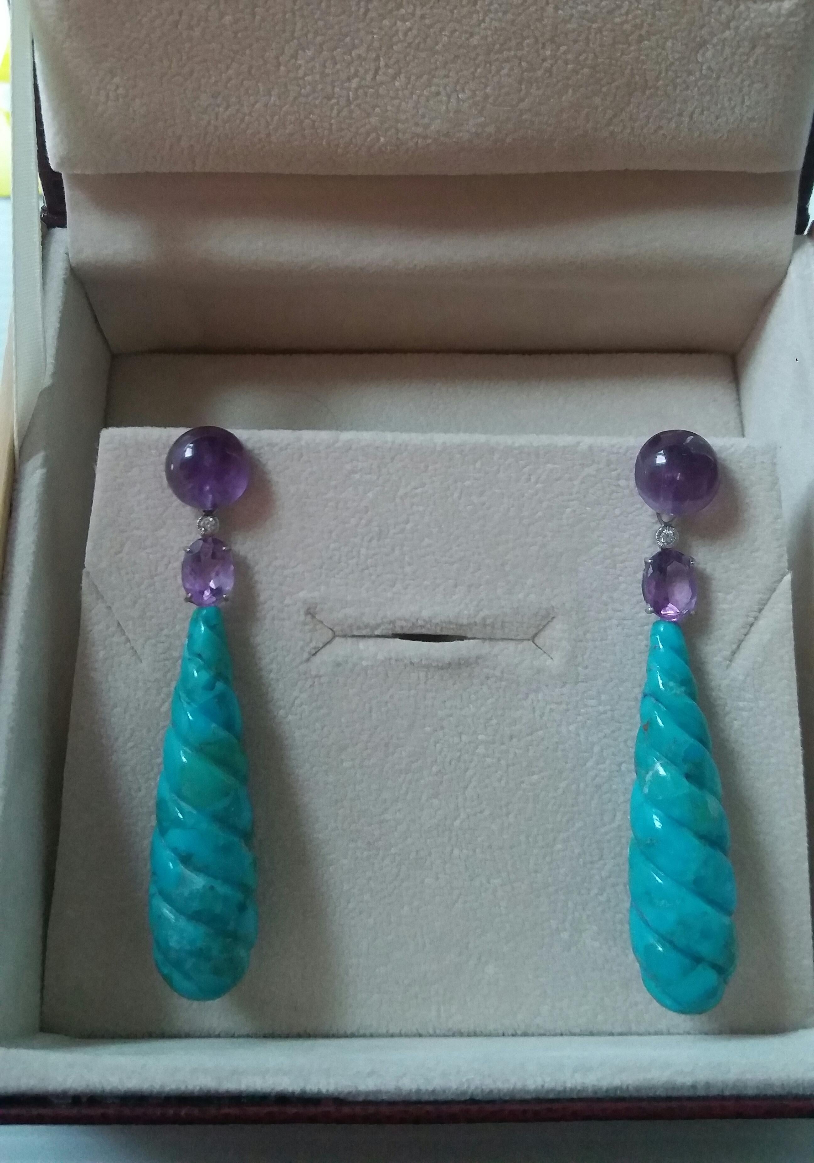 Carved Turquoise Amethyst Diamond White Gold Drop Earrings In Good Condition In Bangkok, TH