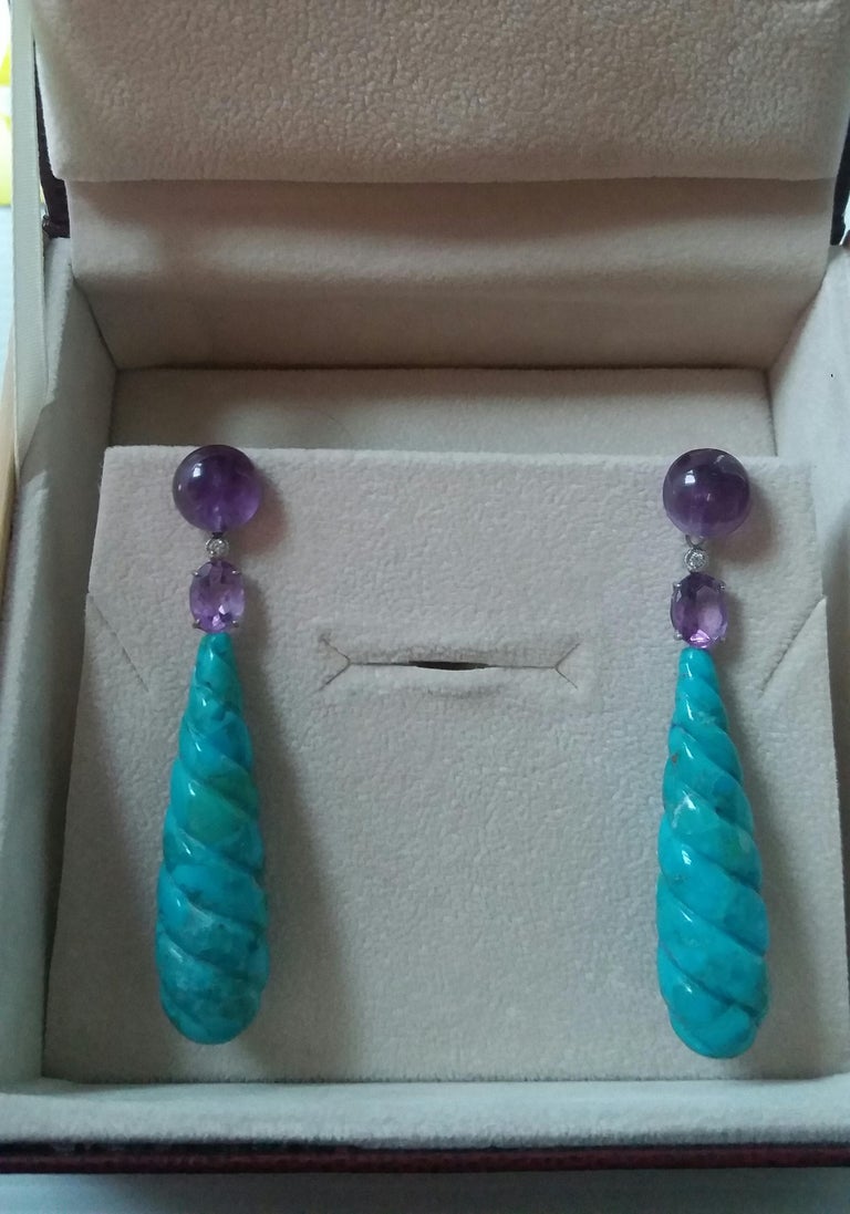 Carved Turquoise Amethyst Diamond White Gold Drop Earrings In Good Condition For Sale In Bangkok, TH