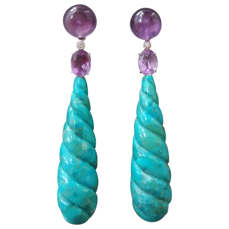 Carved Turquoise Amethyst Diamond White Gold Drop Earrings For Sale