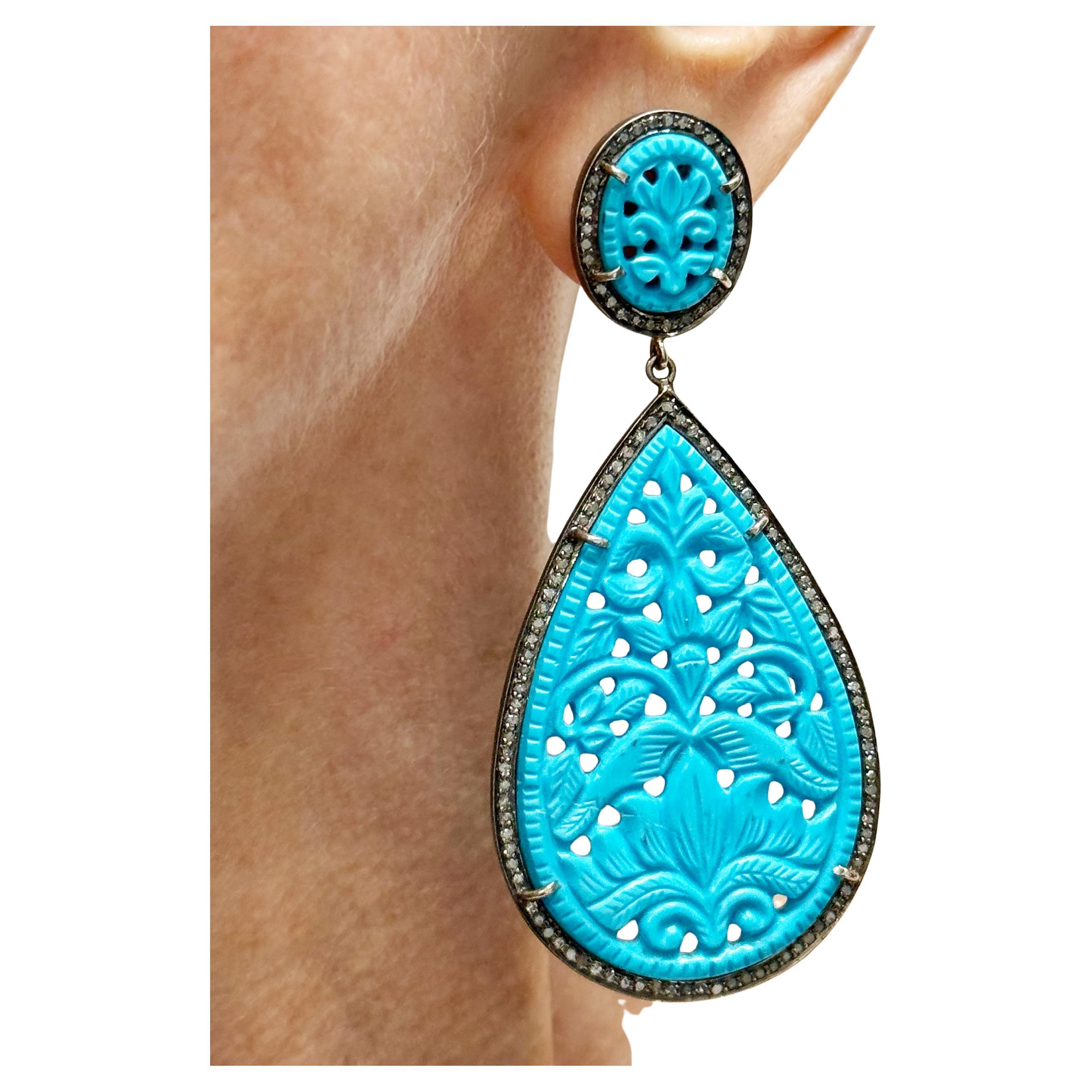 Pendientes Paradizia de Turquesa Tallada y Diamantes en venta