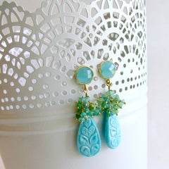 Carved Turquoise Aqua Blue Opal Cluster Earrings, Trisha Earrings