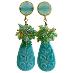 Carved Turquoise Aqua Blue Opal Cluster Earrings, Trisha Earrings
