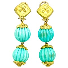 Carved Turquoise Bead and 18 Karat Yellow Gold Dangle Earrings