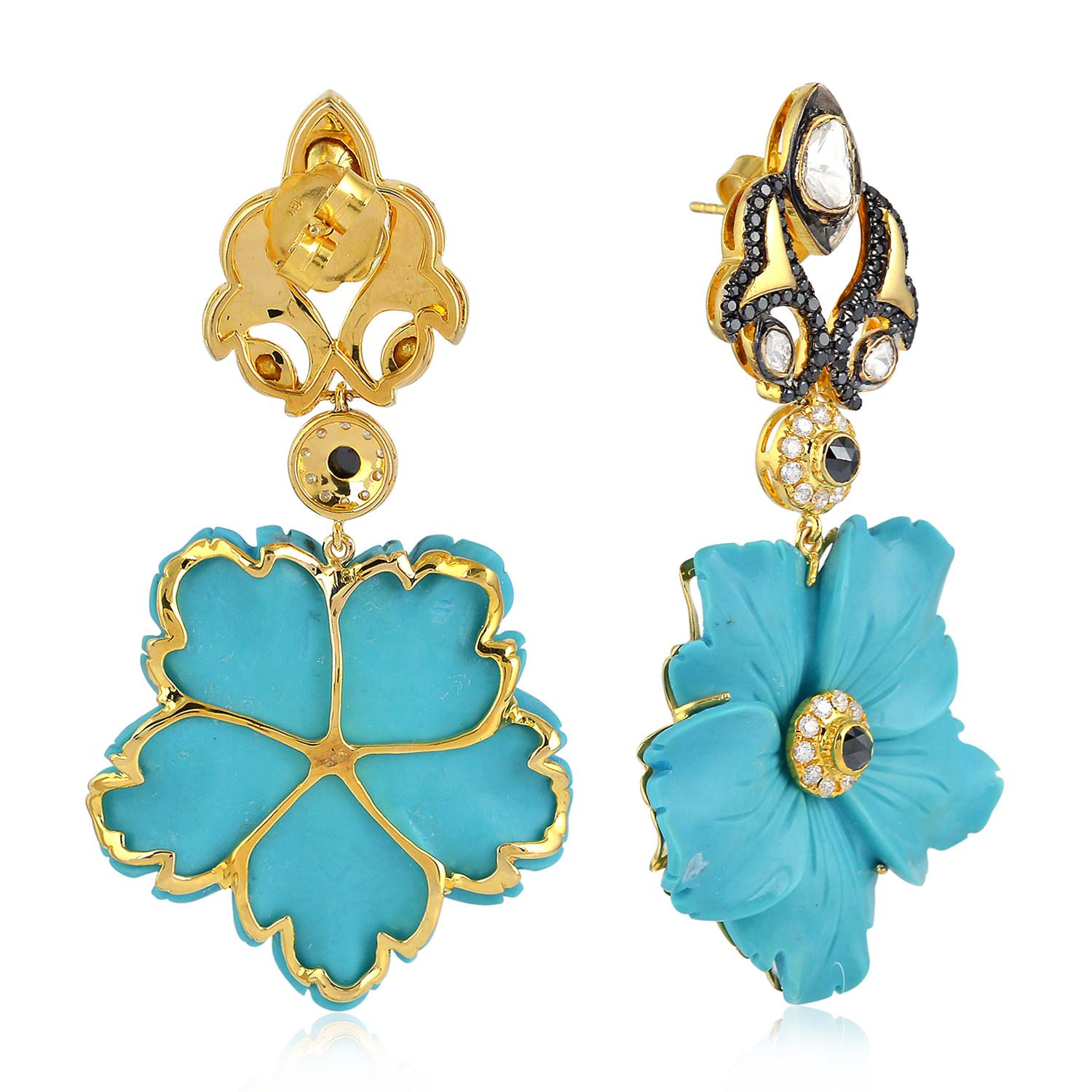 Art Deco Carved Turquoise Dangle Earring with Polki Diamonds Made in 18k Yellow Gold For Sale