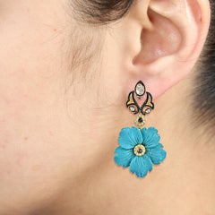 Carved Turquoise Dangle Earring with Polki Diamonds Made in 18k Yellow Gold