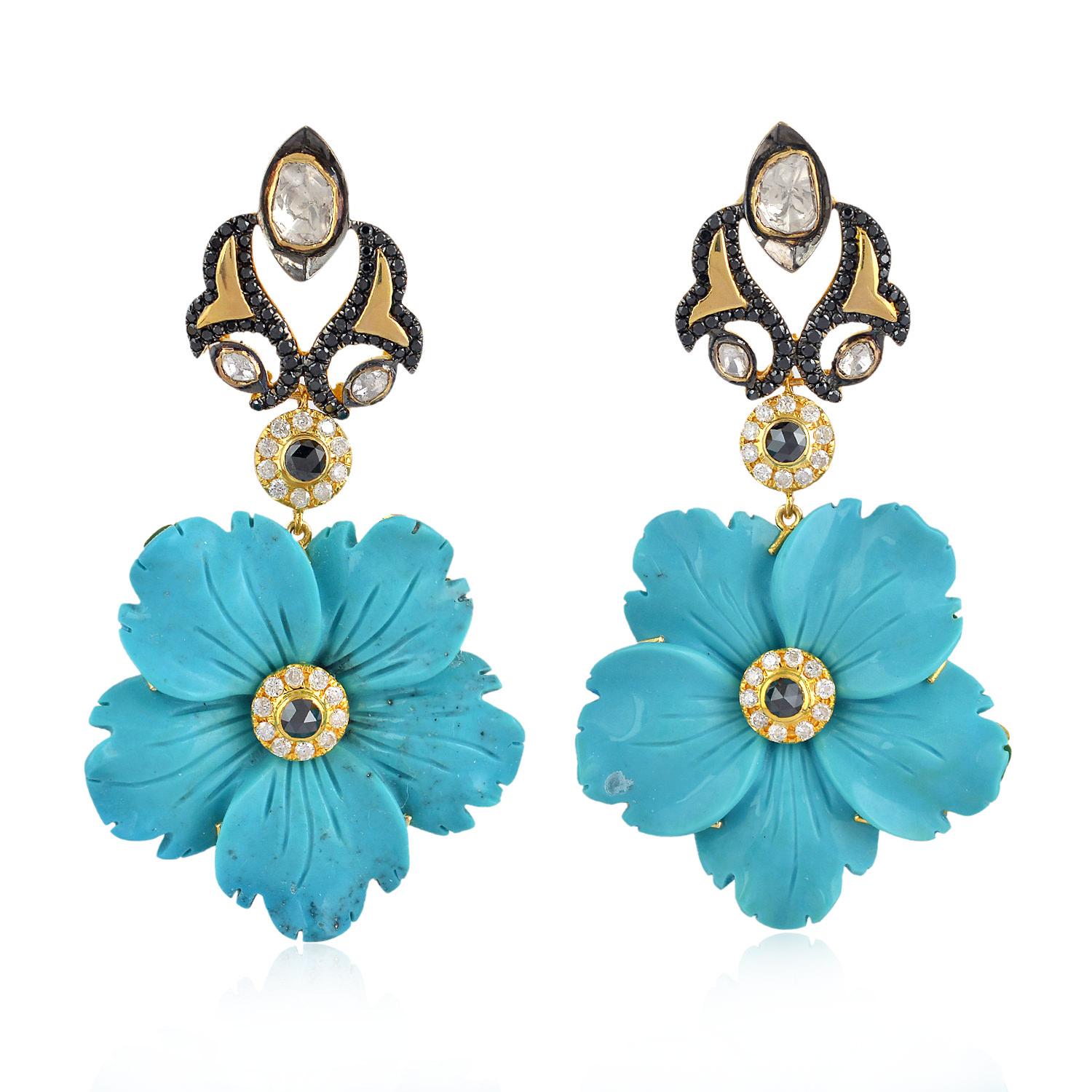 Art Deco Carved Turquoise Dangle Earring with Polki Diamonds Made in 18k Yellow Gold For Sale