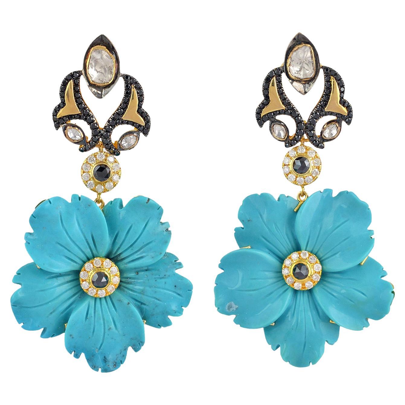 Carved Turquoise Dangle Earring with Polki Diamonds Made in 18k Yellow Gold For Sale