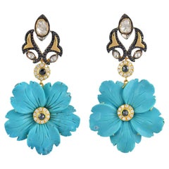 Carved Turquoise Dangle Earring with Polki Diamonds Made in 18k Yellow Gold