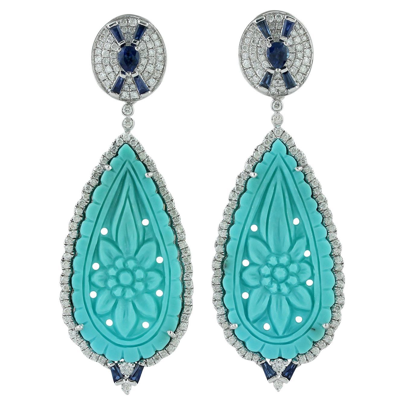 Carved Turquoise Dangle Earrings With Blue Sapphire & Diamonds In 18k White Gold