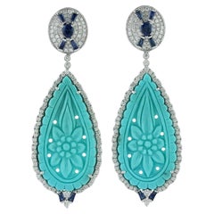 Carved Turquoise Dangle Earrings With Blue Sapphire & Diamonds In 18k White Gold