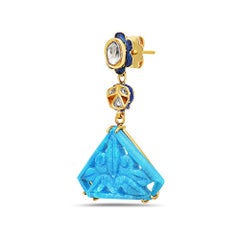 Carved Turquoise Dangle Earrings with Diamonds Made in 18k Yellow Gold