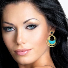 Carved Turquoise Diamond 18 Karat Gold Crescent Earrings