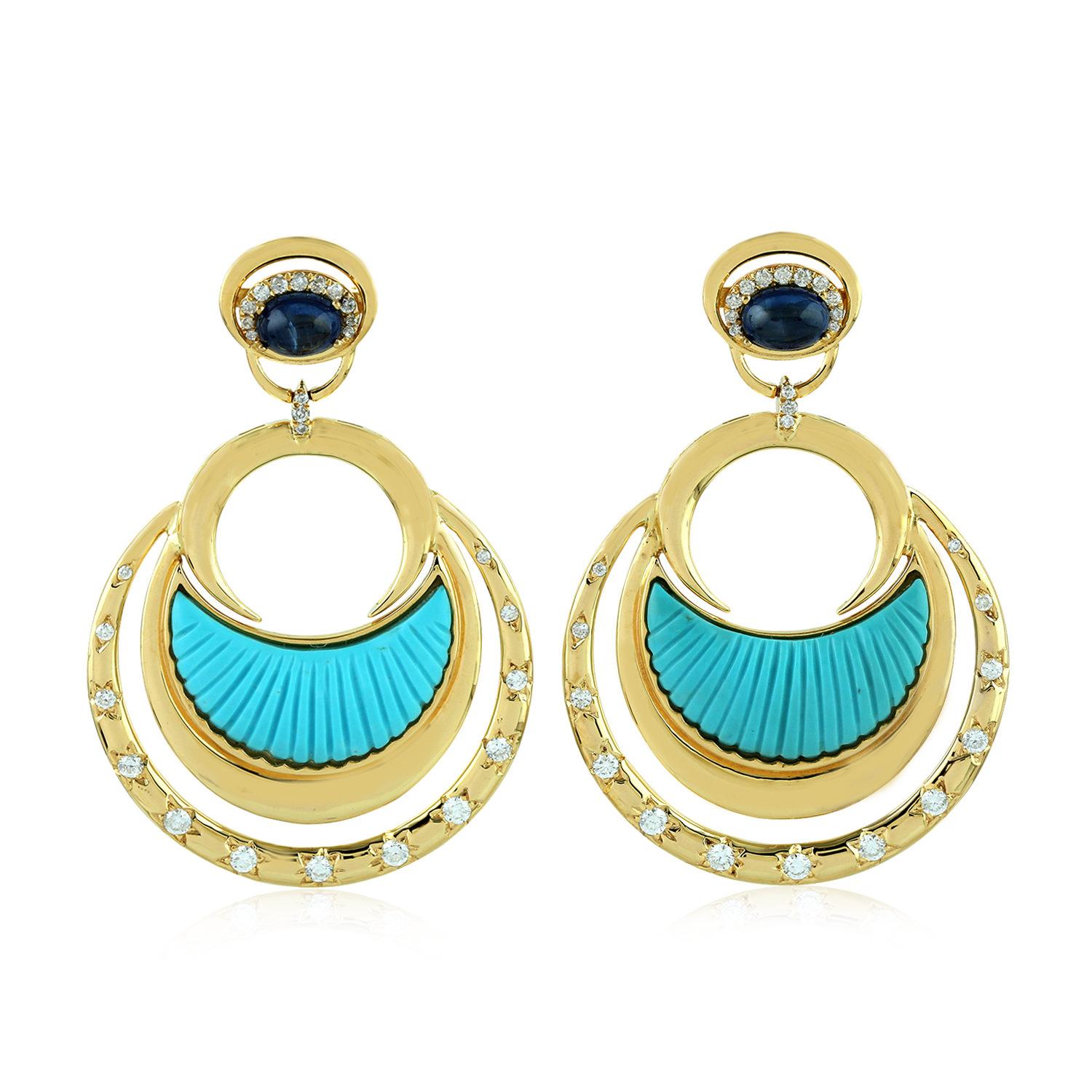 Mixed Cut Carved Turquoise Diamond 18 Karat Gold Crescent Earrings For Sale