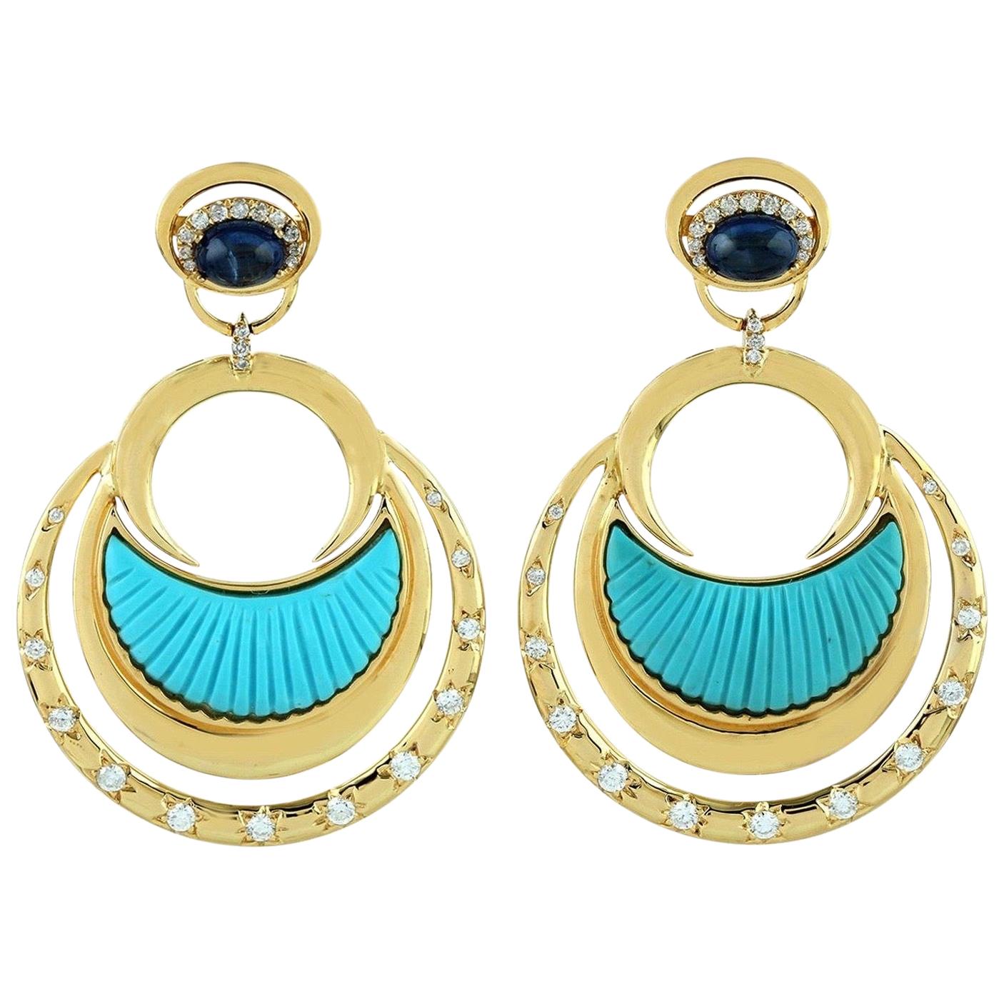 Carved Turquoise Diamond 18 Karat Gold Crescent Earrings For Sale