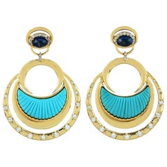 Carved Turquoise Diamond 18 Karat Gold Crescent Earrings