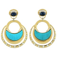 Carved Turquoise Diamond 18 Karat Gold Crescent Earrings